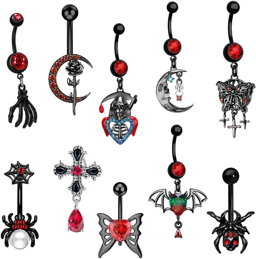 10 Pcs Goth Spider Skull Dragon Bat Dangle Belly Button Rings Alloy Curved Barbell Navel Rings Detailed Belly Button Piercing Body Jewelry