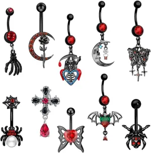 10 Pcs Goth Spider Skull Dragon Bat Dangle Belly Button Rings Alloy Curved Barbell Navel Rings Detailed Belly Button Piercing Body Jewelry