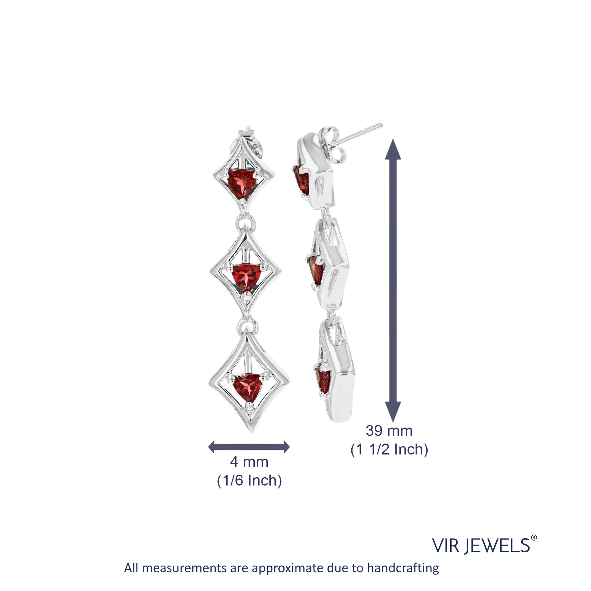 1.10 cttw Garnet Dangle Earrings .925 Sterling Silver With Rhodium 4 MM Trillion