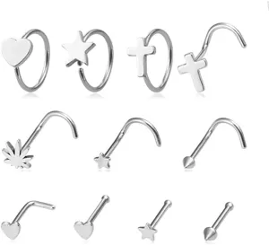 11Pcs 20G Heart Star Cross Nose Rings for Women Surgical Steel Hoop Nose Rings Corkscrew Nose Studs Screws Straight Post Nose Rings Nose Piercing Jewelry