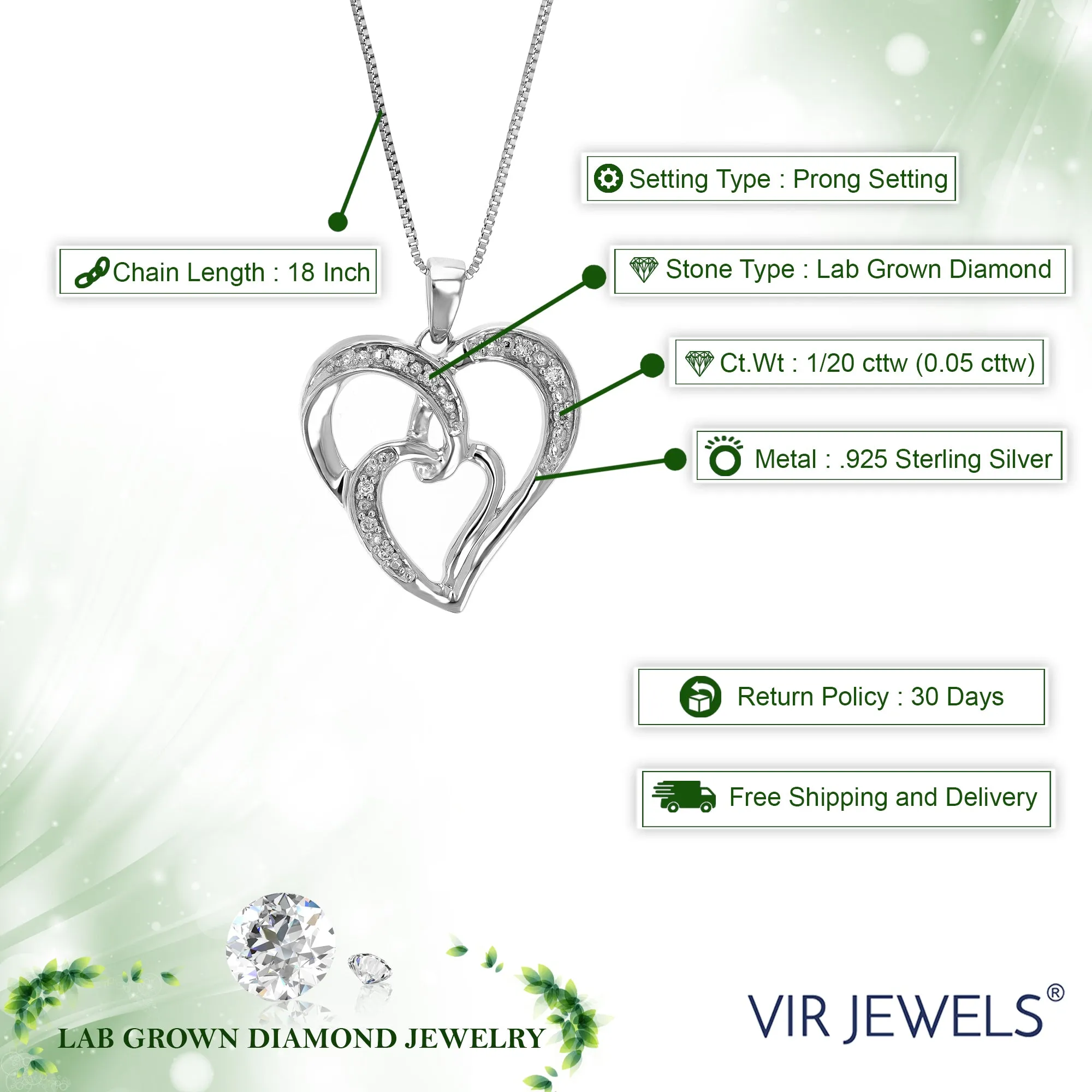 1/20 cttw 8 Stones Lab Grown Diamond Heart Pendant Necklace .925 Sterling Silver 3/4 Inch with 18 Inch Chain, Size 3/4 Inch