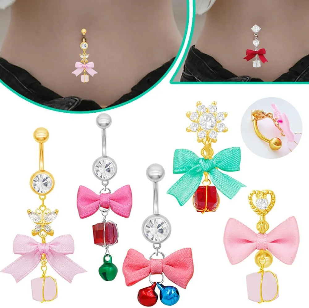 14G Bowknot Jingle Bell Dangle Belly Button Rings for Women 316L Surgical Steel Reverse Belly Navel Rings Belly Barbell Dainty Christmas Body Piercing Jewelry Xmas Festival Gifts