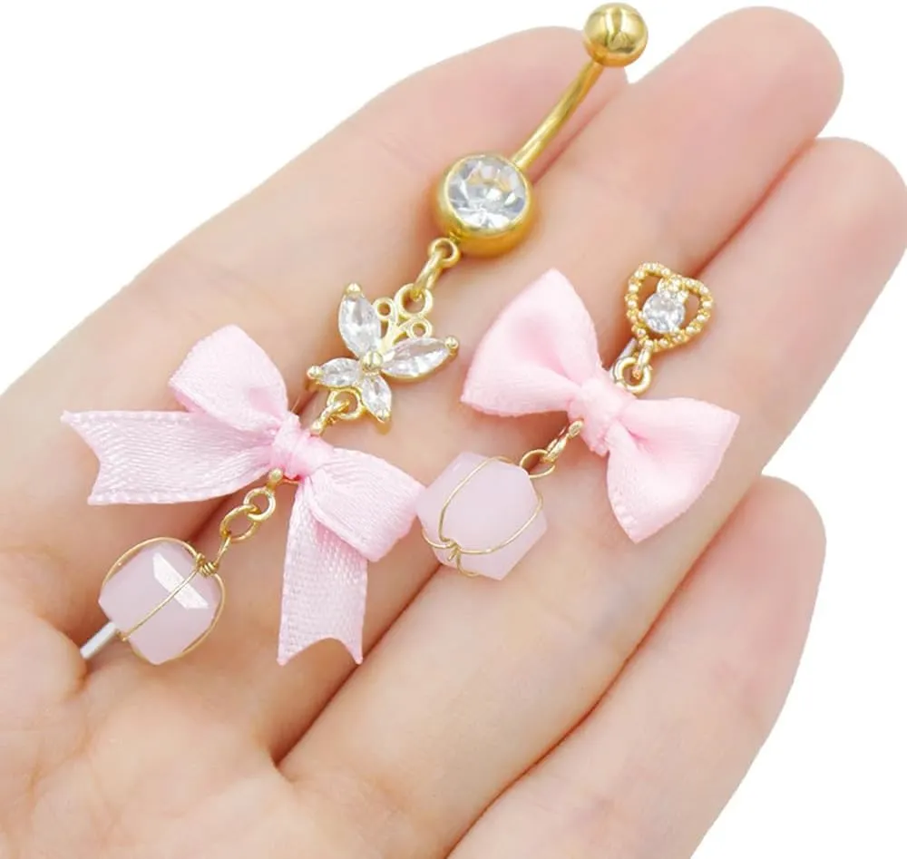 14G Bowknot Jingle Bell Dangle Belly Button Rings for Women 316L Surgical Steel Reverse Belly Navel Rings Belly Barbell Dainty Christmas Body Piercing Jewelry Xmas Festival Gifts