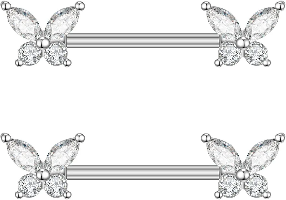 14G Butterfly Nipple Rings for Women Stainless Steel Clear CZ Butterfly Nipple Piercing Barbell Nipple Studs Nipplerings Body Piercing Jewelry