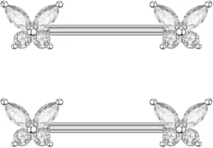 14G Butterfly Nipple Rings for Women Stainless Steel Clear CZ Butterfly Nipple Piercing Barbell Nipple Studs Nipplerings Body Piercing Jewelry