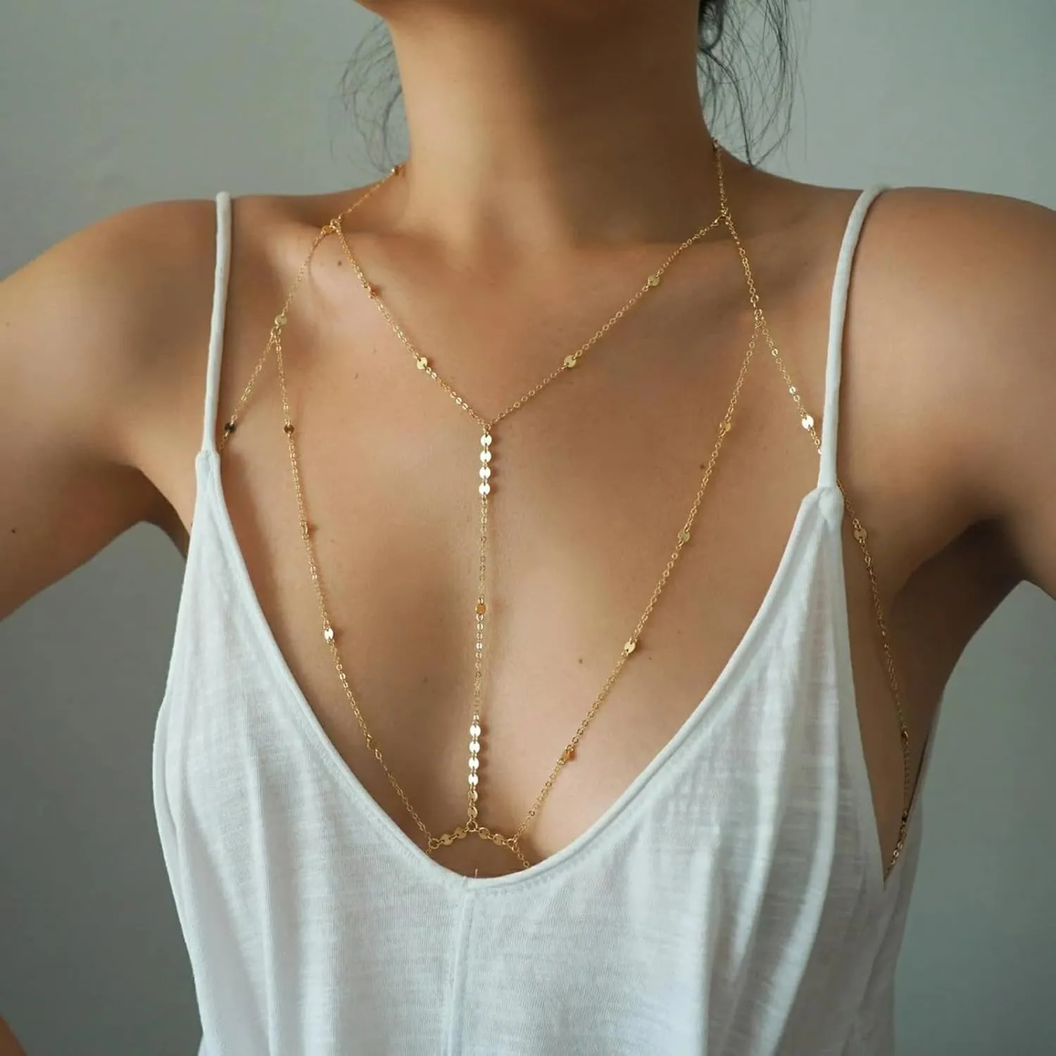 14K Gold Body Chains for Women, Sexy Layered Belly Waist Chain Bikini Bra Chain, Summer Beach Rhinestone Body Jewelry