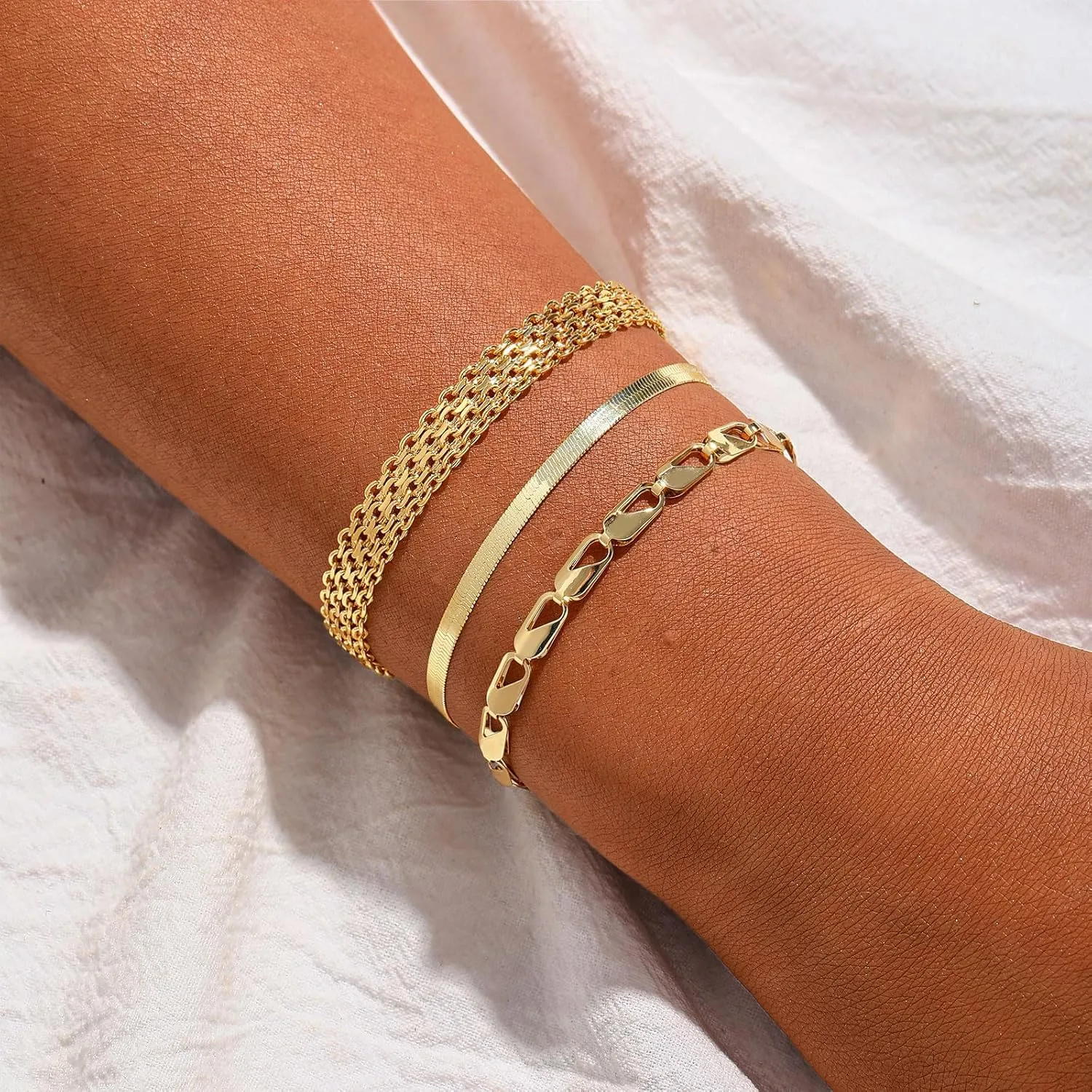 14K Gold Bracelets for Women Dainty Waterproof Jewelry Set Minimalist Stackable Herringbone Cuban Chain Fashion Charm Gold Bracelets Trendy Accessories for Gifts