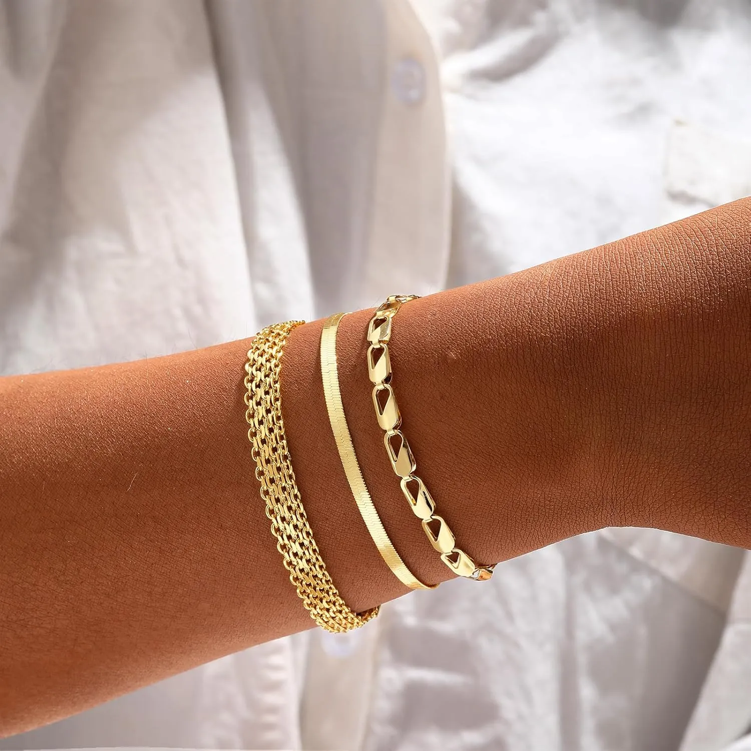 14K Gold Bracelets for Women Dainty Waterproof Jewelry Set Minimalist Stackable Herringbone Cuban Chain Fashion Charm Gold Bracelets Trendy Accessories for Gifts