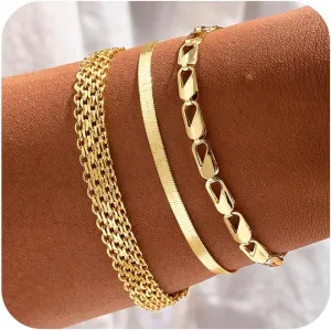14K Gold Bracelets for Women Dainty Waterproof Jewelry Set Minimalist Stackable Herringbone Cuban Chain Fashion Charm Gold Bracelets Trendy Accessories for Gifts
