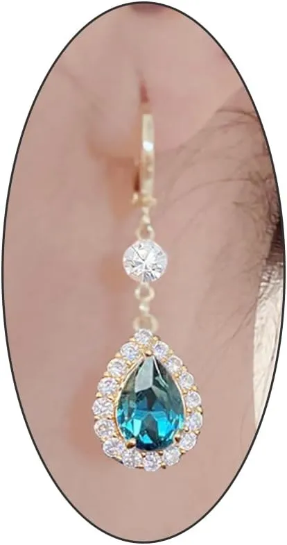 14K Gold Crystal Teardrop Earrings for Women Sparkling Rhinestone Birthstone Long Hoop Dangle Earrings Unique Zircon Drop Earrings Wedding Jewelry