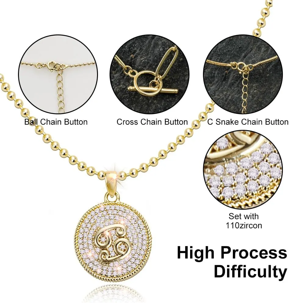 14K Gold Layered Necklace for Women | Zodiac Constellation Pendant | Paperclip, Snake & Ball Chain Necklace | Trendy Statement Jewelry 12 Constellation