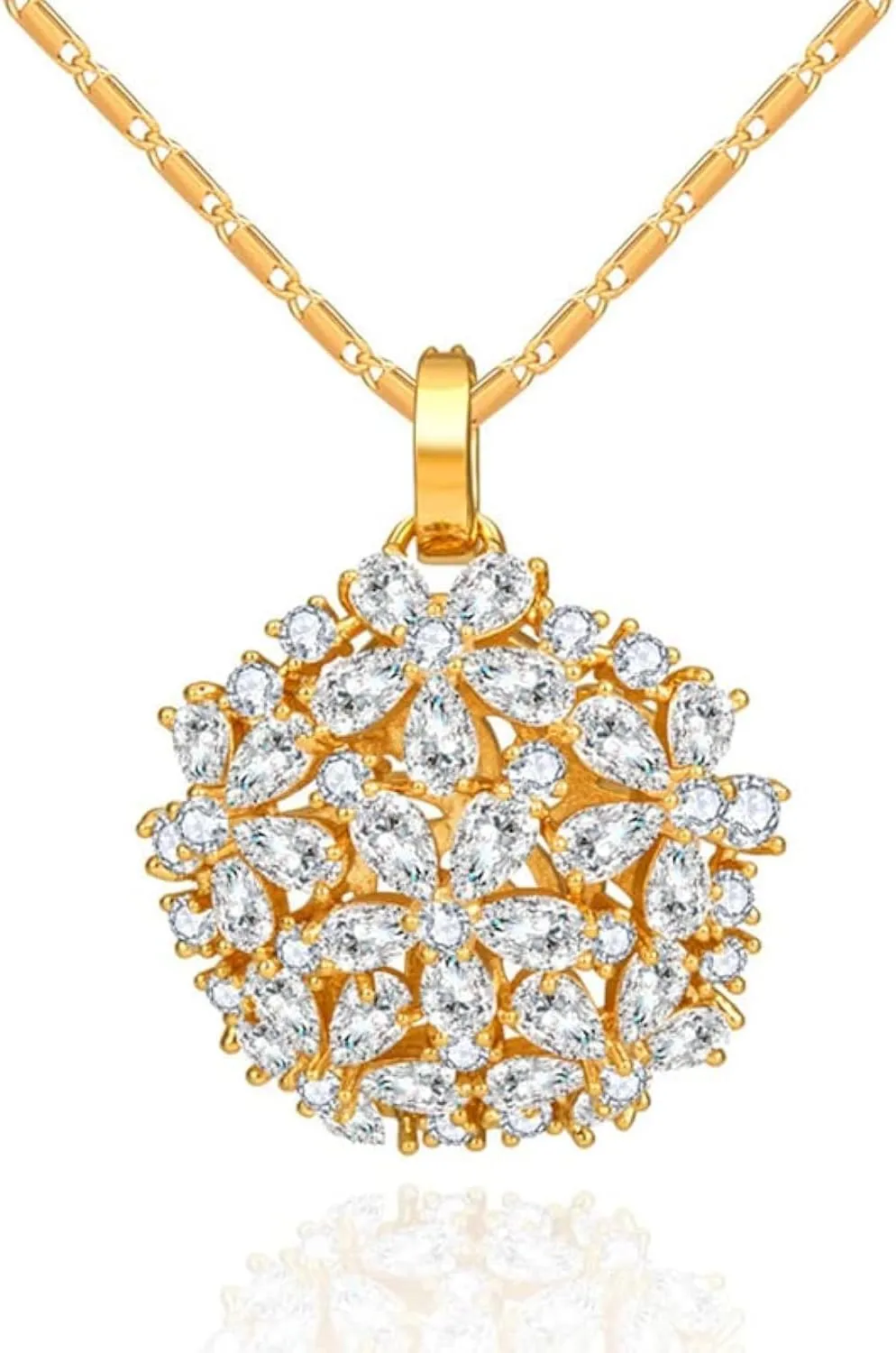 14K Gold Natural Crystal Flower Pendant Necklace for Women,Elegant Hollow Out Rose Flower Chain Necklace,Fashion Christmas Jewelry Gift for Her