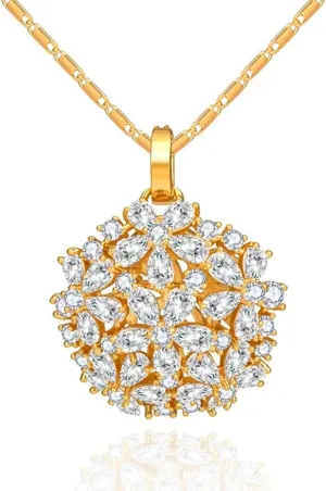 14K Gold Natural Crystal Flower Pendant Necklace for Women,Elegant Hollow Out Rose Flower Chain Necklace,Fashion Christmas Jewelry Gift for Her