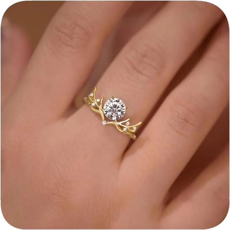 14K Gold Plated Antler Rings for Women Cubic Zirconia Statement Promise Rings Christmas Deer Rings Festival Jewelry Cute Zircon Crystal Wedding Ring 9#