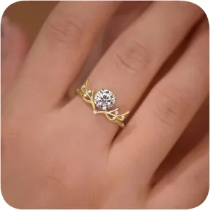 14K Gold Plated Antler Rings for Women Cubic Zirconia Statement Promise Rings Christmas Deer Rings Festival Jewelry Cute Zircon Crystal Wedding Ring 9#