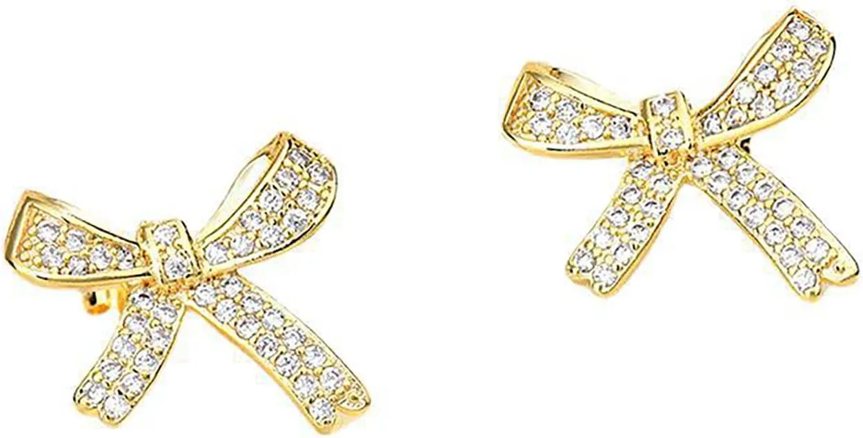 14K Gold Plated Cubic Zirconia Bow Stud Earrings for Women Gold Bow Earrings Trendy Rhinestone Tassel with Pearl Dangle Sparkly Jewelry for Prom Wedding Party and Gifts