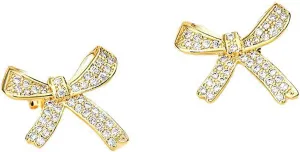 14K Gold Plated Cubic Zirconia Bow Stud Earrings for Women Gold Bow Earrings Trendy Rhinestone Tassel with Pearl Dangle Sparkly Jewelry for Prom Wedding Party and Gifts