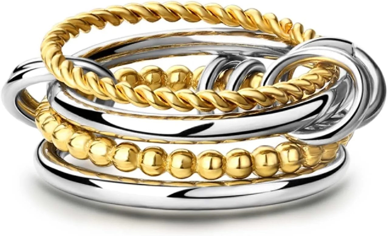 14k Gold Plated Interlocked Stackable Rings for Women Stainless Steel Silver Gold Twisted Rings Set Non Tarnish Multi-Link Connected Ring Jewelry Gifts