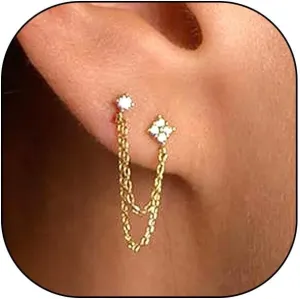 14K Gold Tassel Piercing Stud Earrings, Sparkling Cubic Zirconia Simple Dangling Earrings, Dainty Double Drop Chain CZ Jewelry Gift for Women