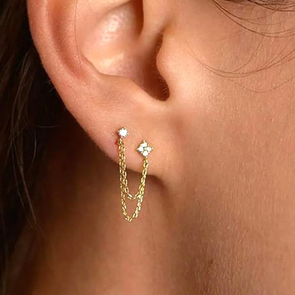 14K Gold Tassel Piercing Stud Earrings, Sparkling Cubic Zirconia Simple Dangling Earrings, Dainty Double Drop Chain CZ Jewelry Gift for Women