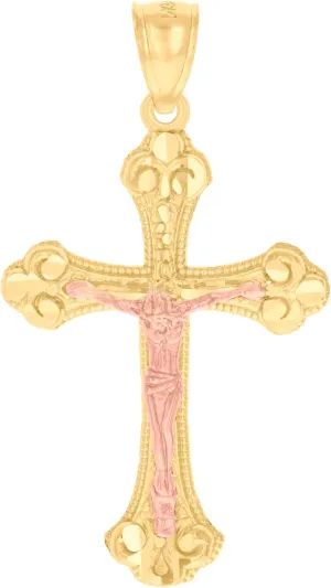 14k Gold Unisex Two-Tone Diamond-Cut Cross Crucifix Jesus Ht:40.9Mm Pendant Charm