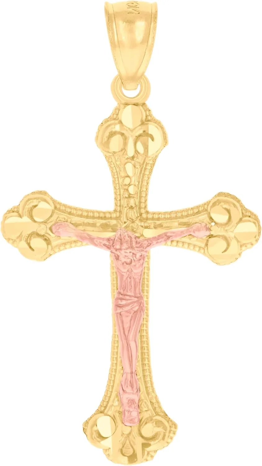 14k Gold Unisex Two-Tone Diamond-Cut Cross Crucifix Jesus Ht:40.9Mm Pendant Charm