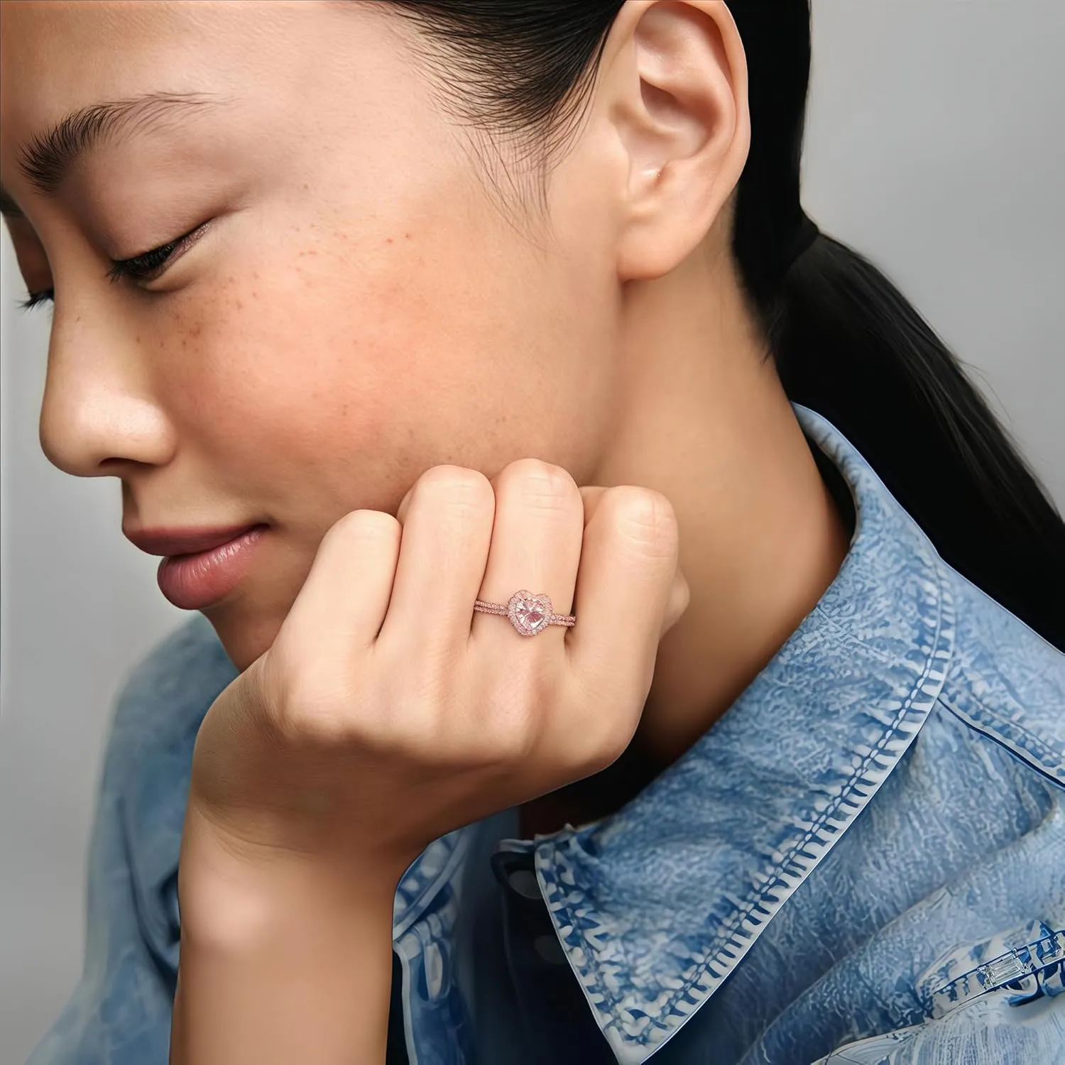 14k Rose Gold Heart Elevated Ring, Heart Promise Ring with Cubic Zirconia, Wedding Band Rings Trendy Rings Jewelry Gifts for Lover Friend Family and Women