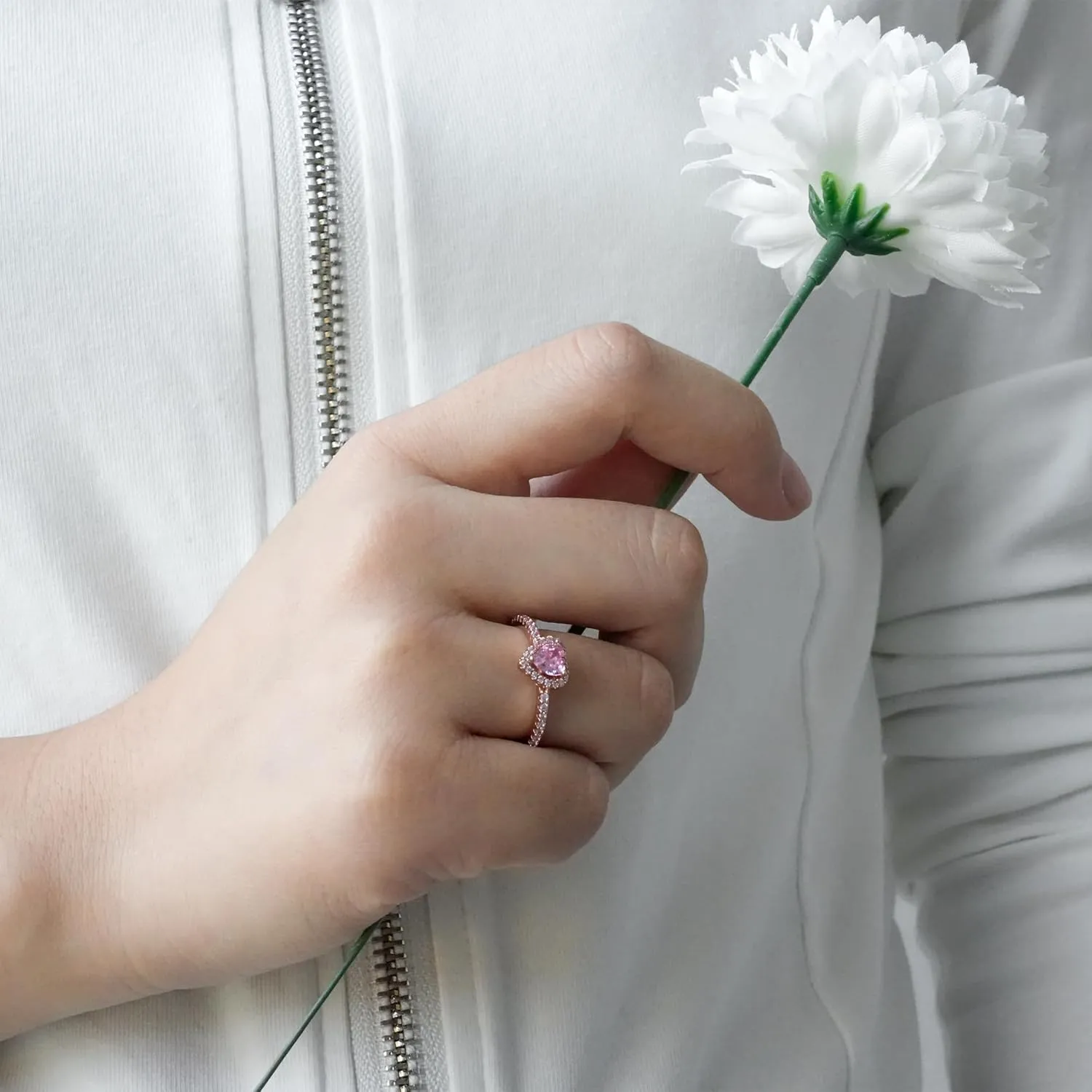14k Rose Gold Heart Elevated Ring, Heart Promise Ring with Cubic Zirconia, Wedding Band Rings Trendy Rings Jewelry Gifts for Lover Friend Family and Women