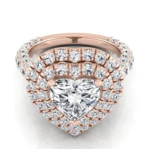 14K Rose Gold Heart Shape Center Diamond Bold and Fancy Double Halo French Pave Engagement Ring -2ctw