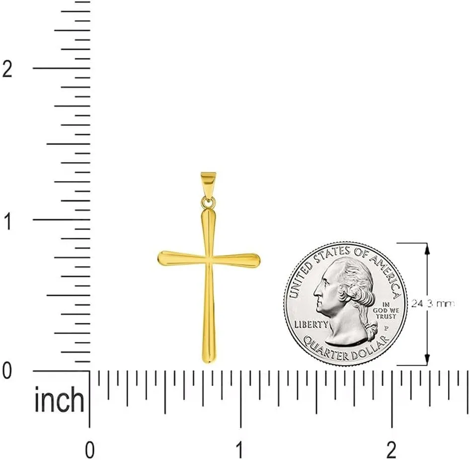 14k Yellow Gold Classic Plain Religious Cross Pendant with Rolo Cable, Cuban Curb, or Figaro Chain Necklace