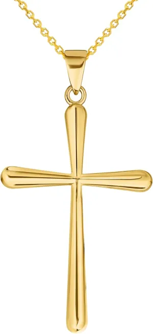 14k Yellow Gold Classic Plain Religious Cross Pendant with Rolo Cable, Cuban Curb, or Figaro Chain Necklace