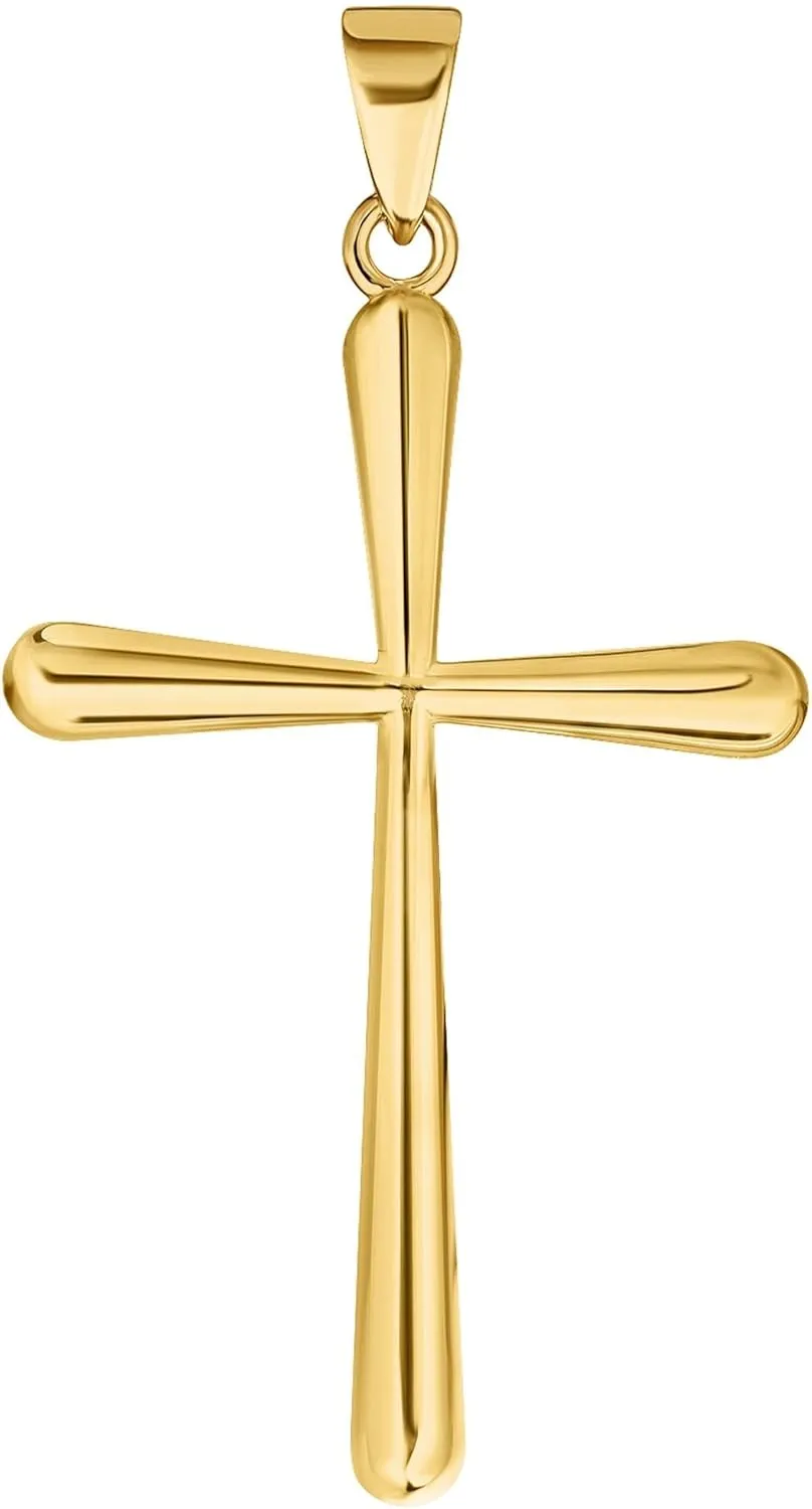 14k Yellow Gold Classic Plain Religious Cross Pendant with Rolo Cable, Cuban Curb, or Figaro Chain Necklace