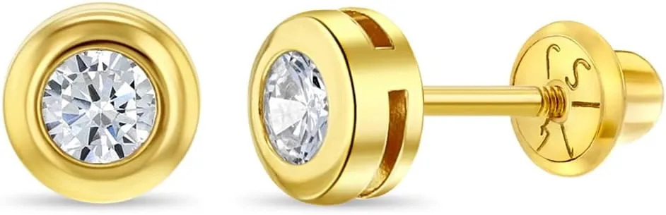 14k Yellow Gold Clear Round Cubic Zirconia Screw Back Earrings For Toddlers and Little Girls - Sparkling Clear CZ Stud Earrings For Young Girls