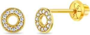 14k Yellow Gold Round Clear Cubic Zirconia Encrusted Screw Back Earrings For Toddlers and Little Girls - Girls Sparkling Round CZ Earrings