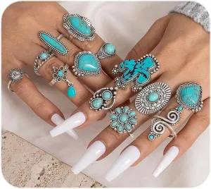 15 Pcs Western Rings Set For Women Vintage Bohemian Turquoise Stackable Joint Finger Midi Rings Dainty Rings Pack Jewelry Gift