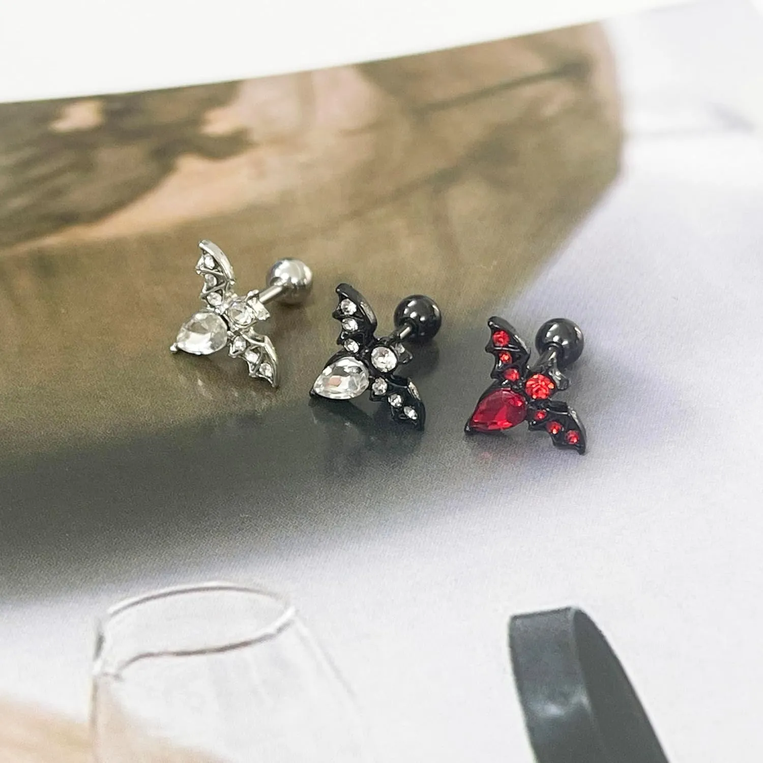16G Bat Cartilage Earrings for Women Men Stainless Steel Helix Tragus Conch Stud Earrings Sparkling Bat Cartilage Piercing Jewelry