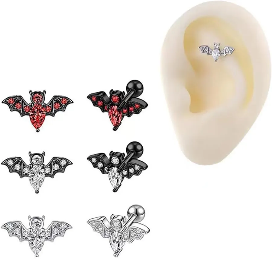 16G Bat Cartilage Earrings for Women Men Stainless Steel Helix Tragus Conch Stud Earrings Sparkling Bat Cartilage Piercing Jewelry