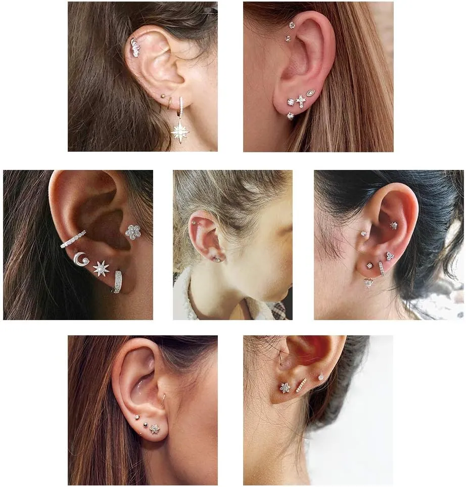 16g Sparkling Cubic Zirconia Stainless Steel Stud Earrings Tragus Helix Conch Cartilage Ear Piercing
