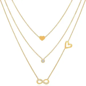 18K Gold Plated 3 Layered Necklace for Women, Stainless Steel Heart, Infinity & Sparkling Crystal Pendant, Elegant Adjustable Waterproof Hypoallergenic Jewelry, Gift for Her