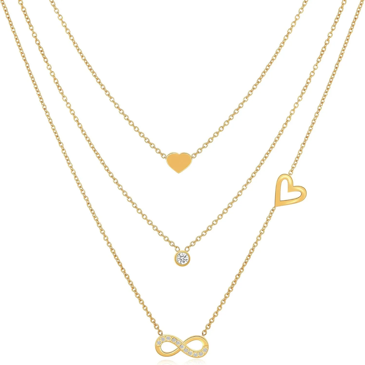 18K Gold Plated 3 Layered Necklace for Women, Stainless Steel Heart, Infinity & Sparkling Crystal Pendant, Elegant Adjustable Waterproof Hypoallergenic Jewelry, Gift for Her