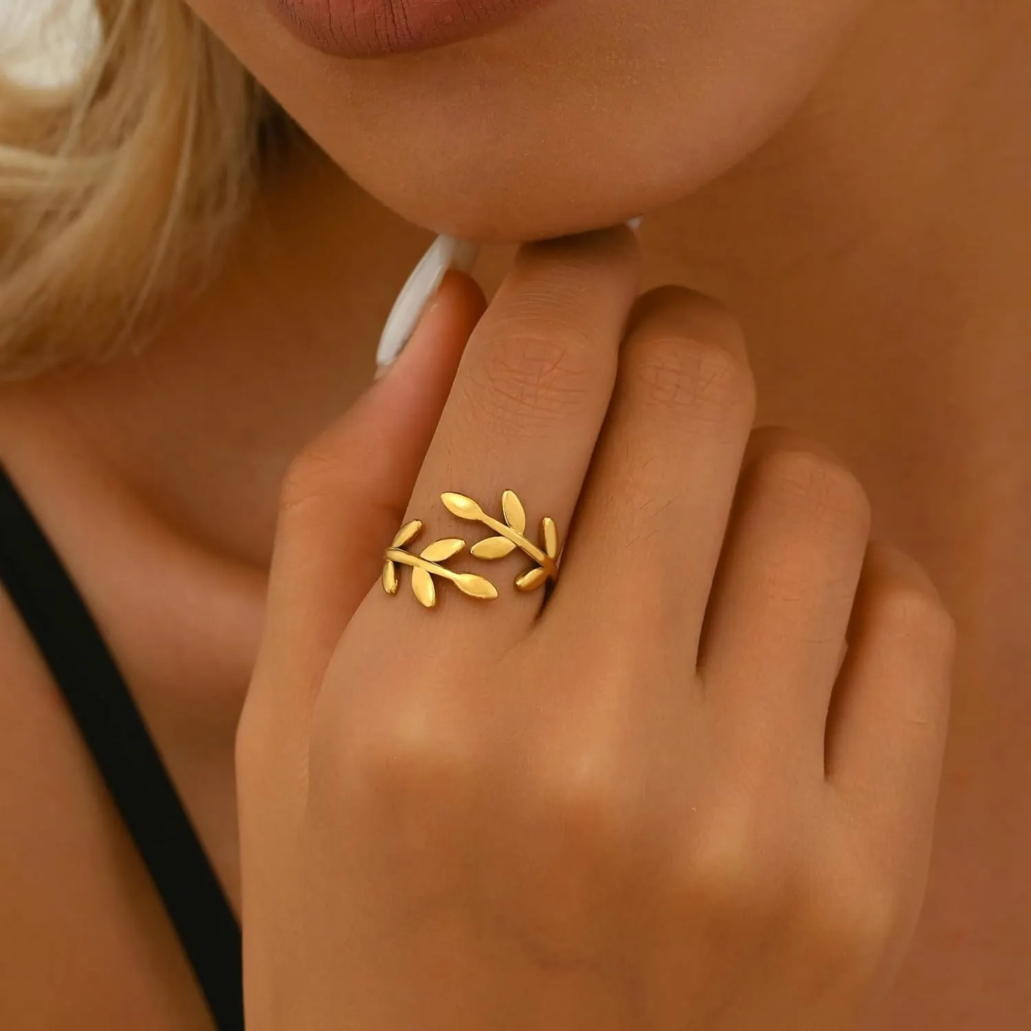 18K Gold Plated Adjustable Rings for Women Dainty Plant Flower Olive Leaf Wrap Ring Trendy Friendship Olive Branch Nature Inspired Jewelry