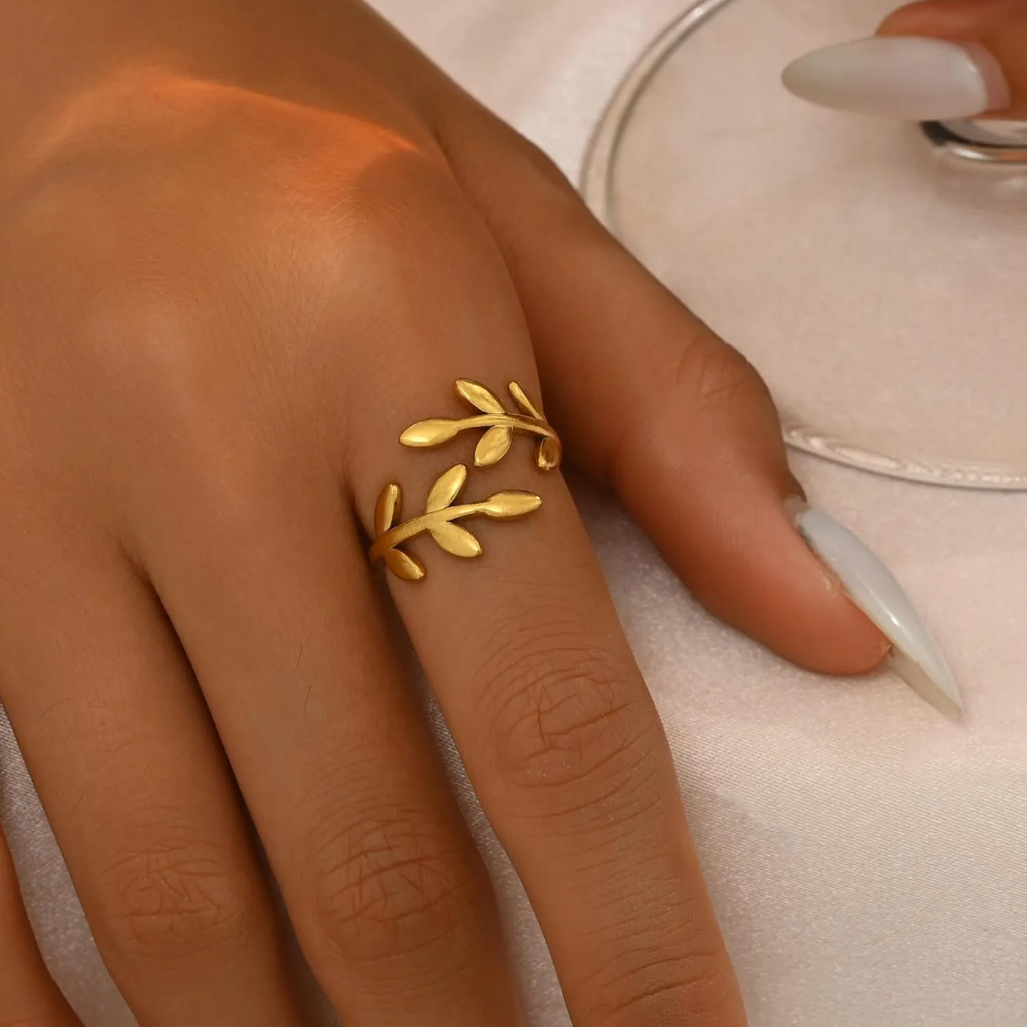 18K Gold Plated Adjustable Rings for Women Dainty Plant Flower Olive Leaf Wrap Ring Trendy Friendship Olive Branch Nature Inspired Jewelry