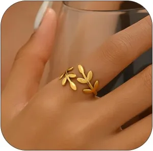 18K Gold Plated Adjustable Rings for Women Dainty Plant Flower Olive Leaf Wrap Ring Trendy Friendship Olive Branch Nature Inspired Jewelry