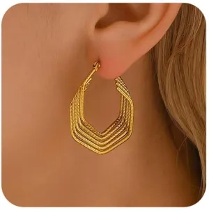 18K Gold Plated Chunky Geometric Irregular Hoop Earrings for Women Stainless Steel Vintage Twist Hoop Earrings Hypoallergenic Statement Dangle Earrings Jewelry