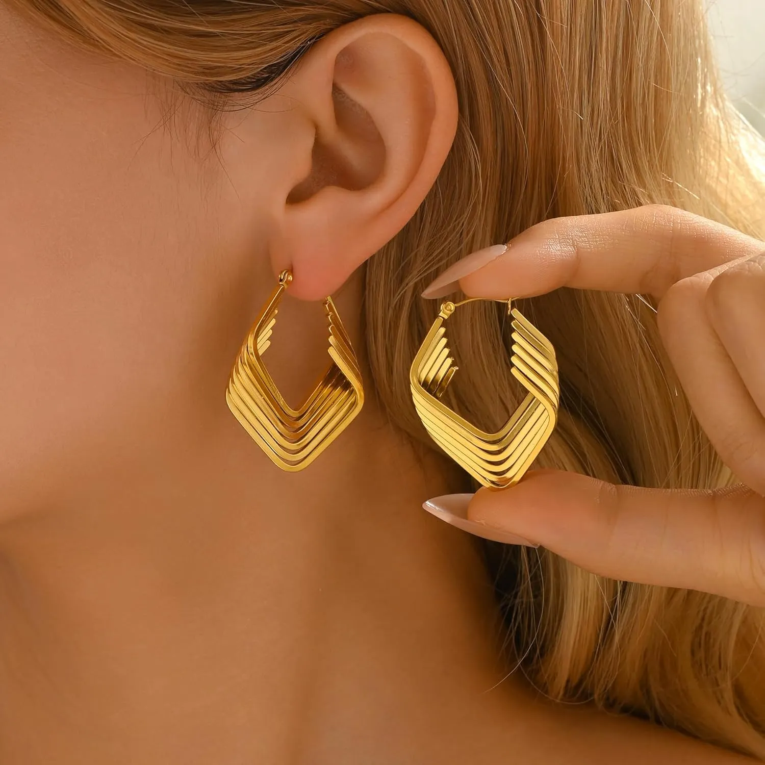 18K Gold Plated Chunky Geometric Irregular Hoop Earrings for Women Stainless Steel Vintage Twist Hoop Earrings Hypoallergenic Statement Dangle Earrings Jewelry