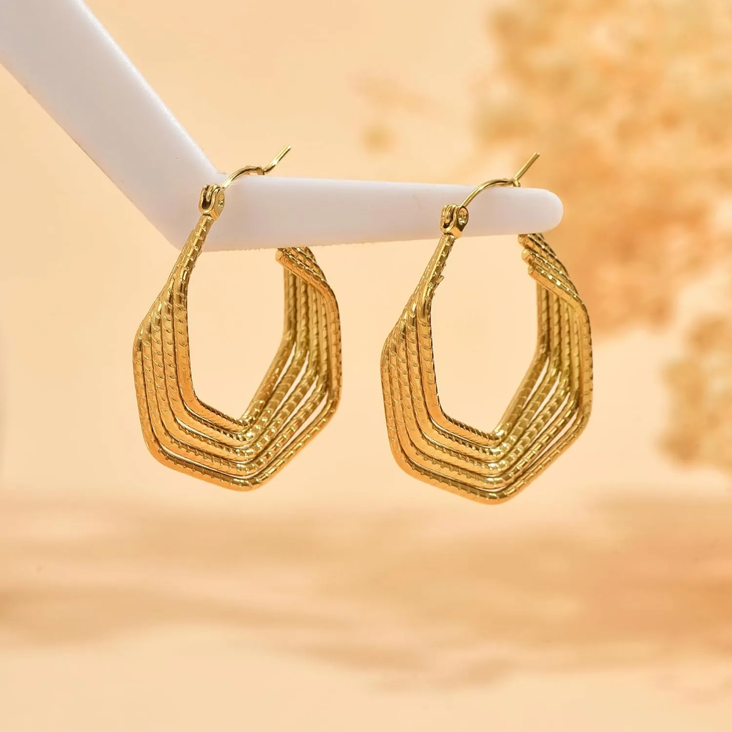 18K Gold Plated Chunky Geometric Irregular Hoop Earrings for Women Stainless Steel Vintage Twist Hoop Earrings Hypoallergenic Statement Dangle Earrings Jewelry