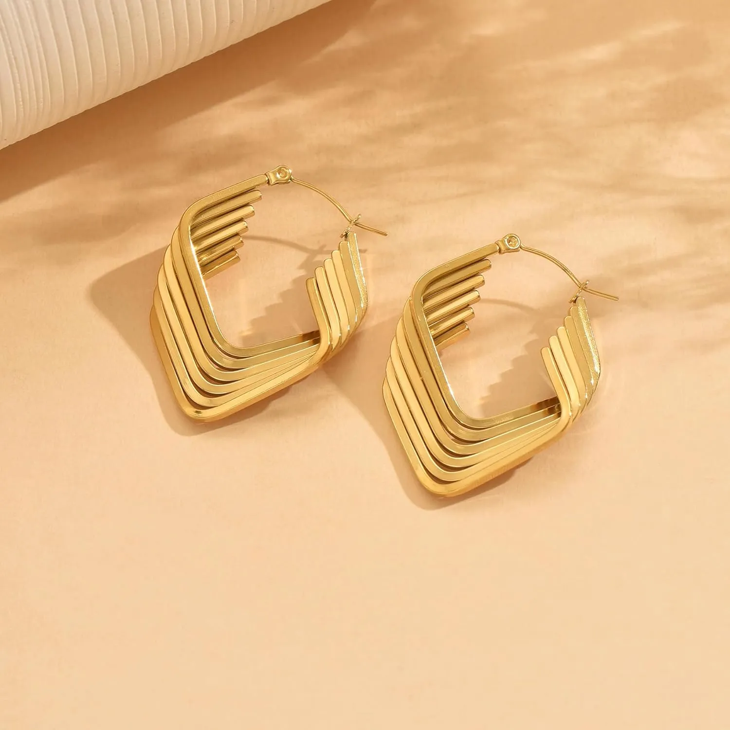 18K Gold Plated Chunky Geometric Irregular Hoop Earrings for Women Stainless Steel Vintage Twist Hoop Earrings Hypoallergenic Statement Dangle Earrings Jewelry