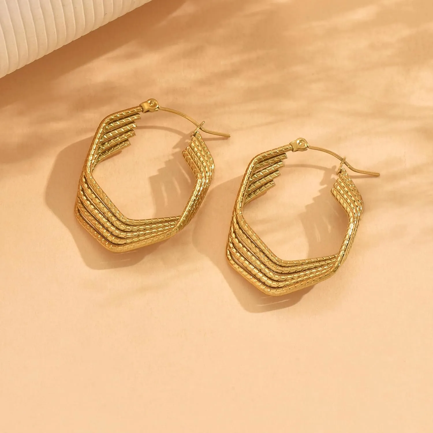 18K Gold Plated Chunky Geometric Irregular Hoop Earrings for Women Stainless Steel Vintage Twist Hoop Earrings Hypoallergenic Statement Dangle Earrings Jewelry