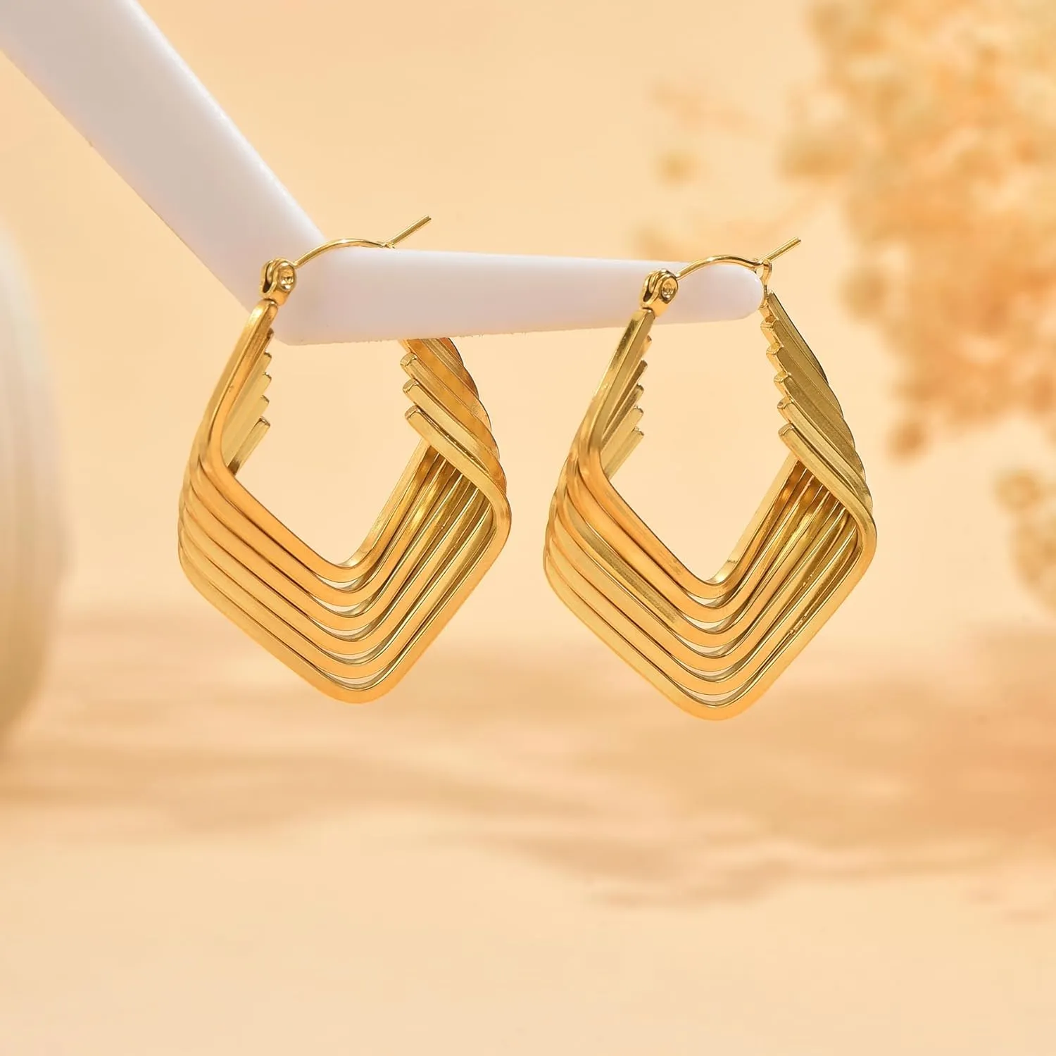 18K Gold Plated Chunky Geometric Irregular Hoop Earrings for Women Stainless Steel Vintage Twist Hoop Earrings Hypoallergenic Statement Dangle Earrings Jewelry