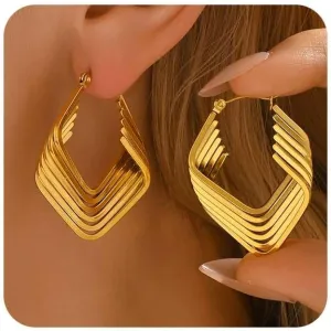 18K Gold Plated Chunky Geometric Irregular Hoop Earrings for Women Stainless Steel Vintage Twist Hoop Earrings Hypoallergenic Statement Dangle Earrings Jewelry